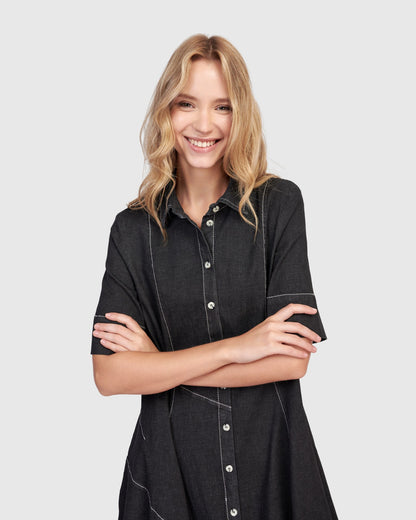 Barb Denim Shirtdress, Black