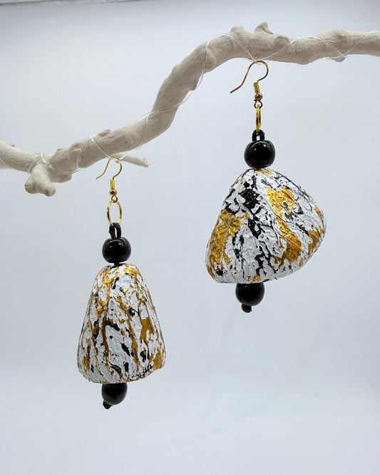 Pangium Seed Earrings, White/Gold/Black