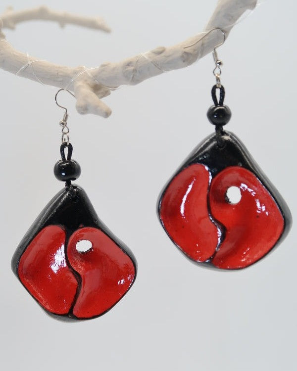 Yin Yang Wood Earrings, Red